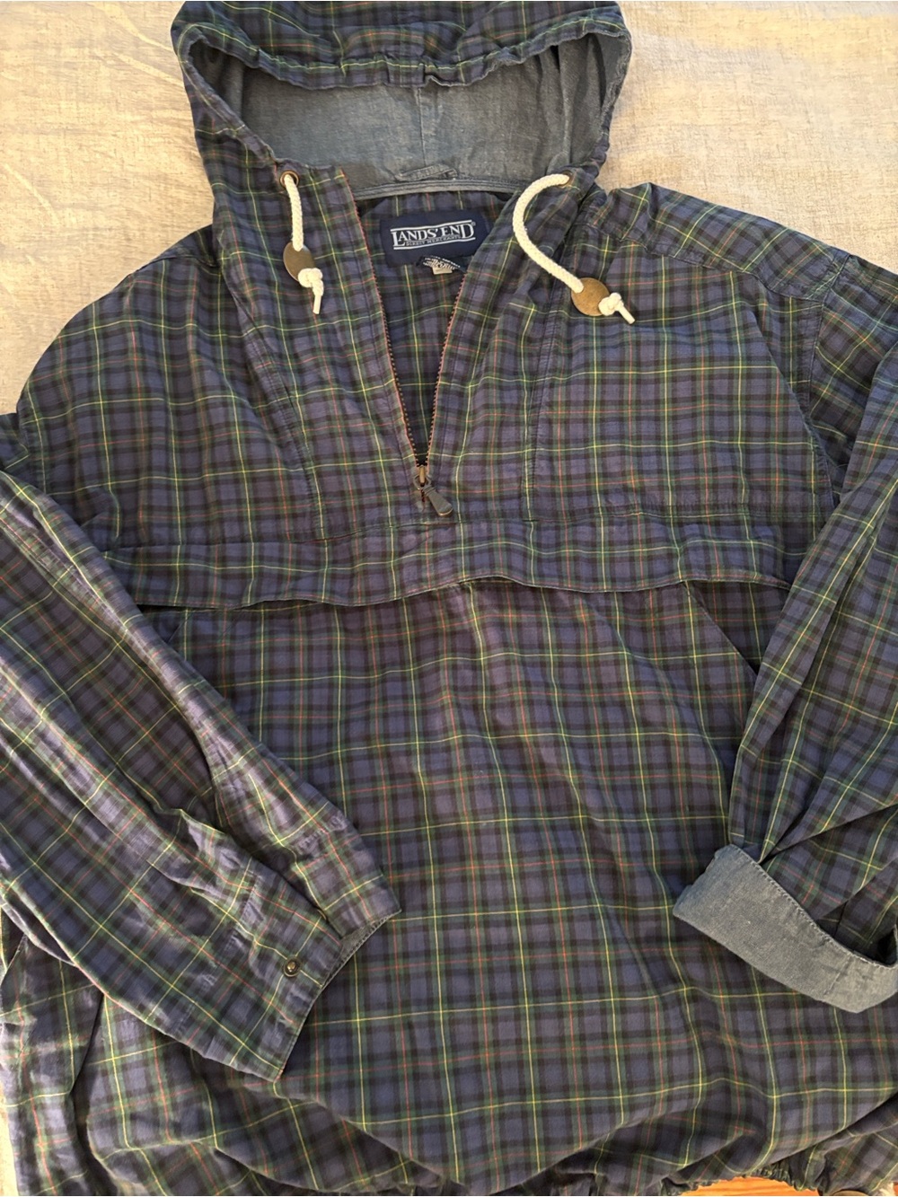 Lands' End Unisex Vintage Plaid Pullover Jacket in Navy, Forest Green & Yellow